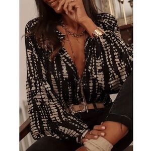 Button Down Long Lantern Sleeve Black Printed Shirt